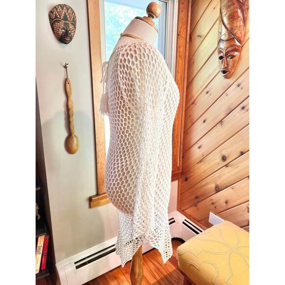 White Crocheted Long Sleeve Mini Bohemian Dress/Beach Coverup - Picture 6 of 7